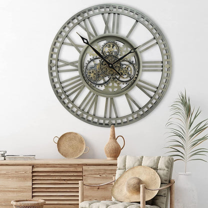 Wall Clock Oversized Industrial Steampunk 60CM Vintage Bronze Moving Gears Roman