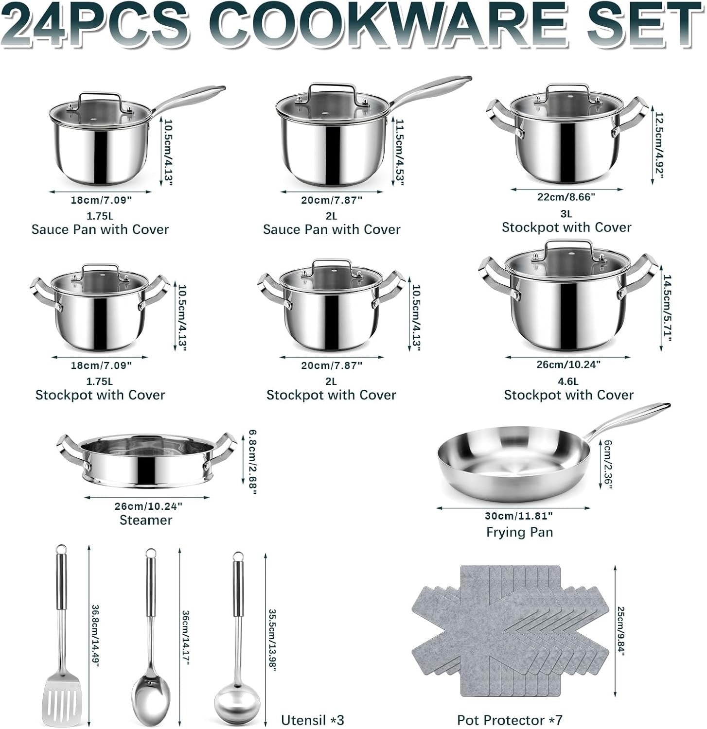 Pots Pans Cookware Set 24 Piece Stainless Steel Induction Hob Frying Pan Silver