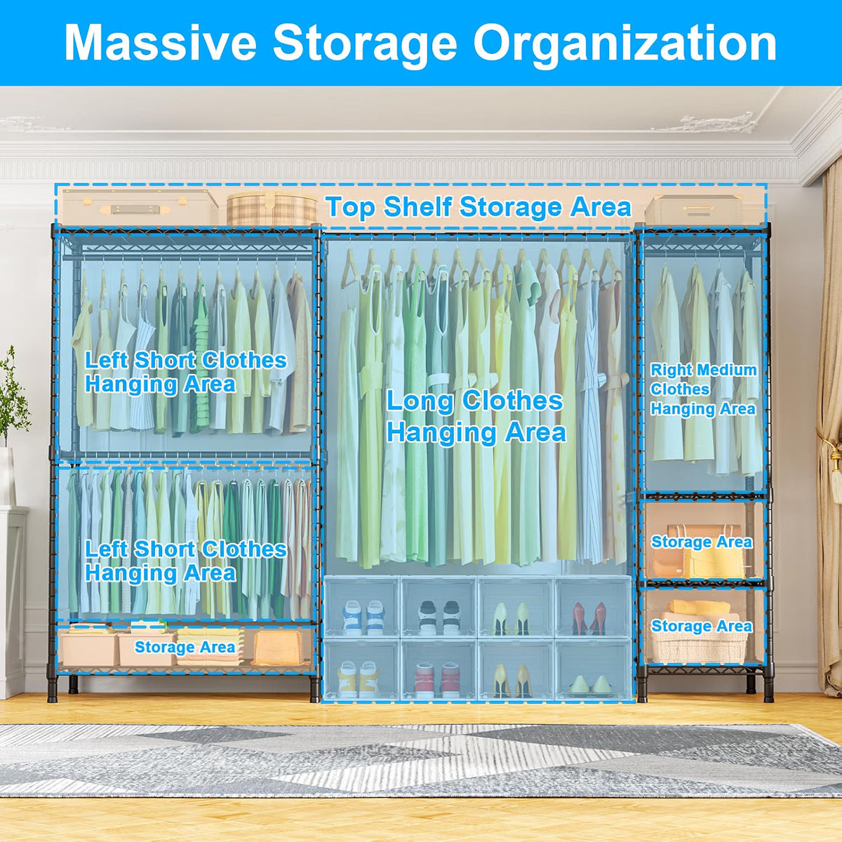 Heavy Duty Clothes Rack Extendable 6 Shelves 4 Rails 362kg Black Carbon Steel