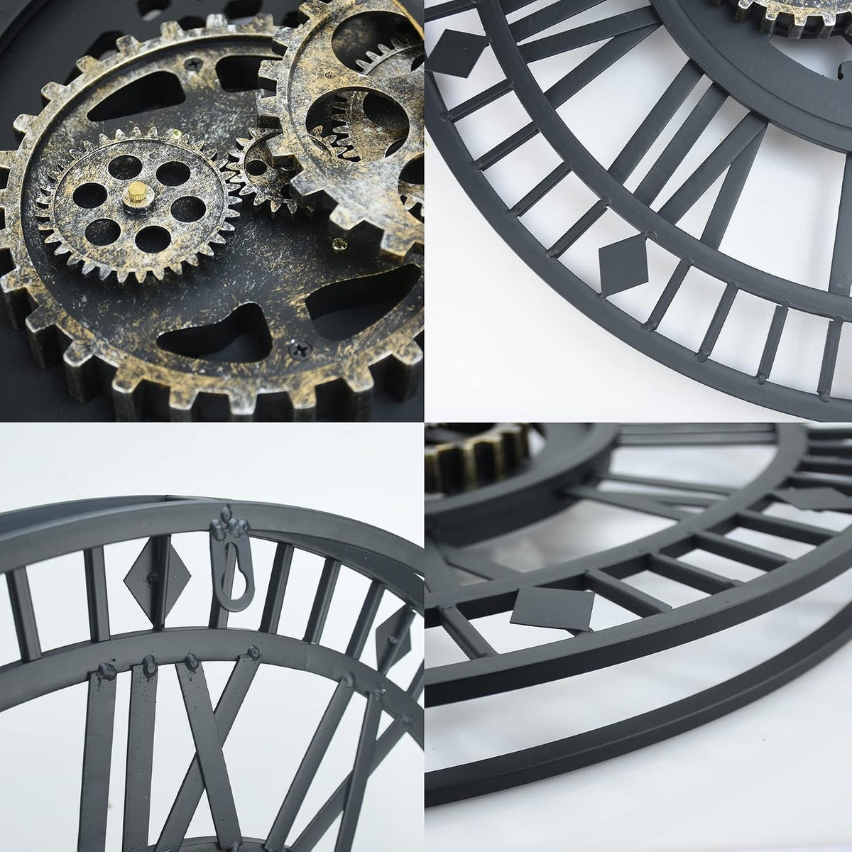 Large Wall Clock Moving Gears 60cm Black Metal Industrial Steampunk Vintage Deco