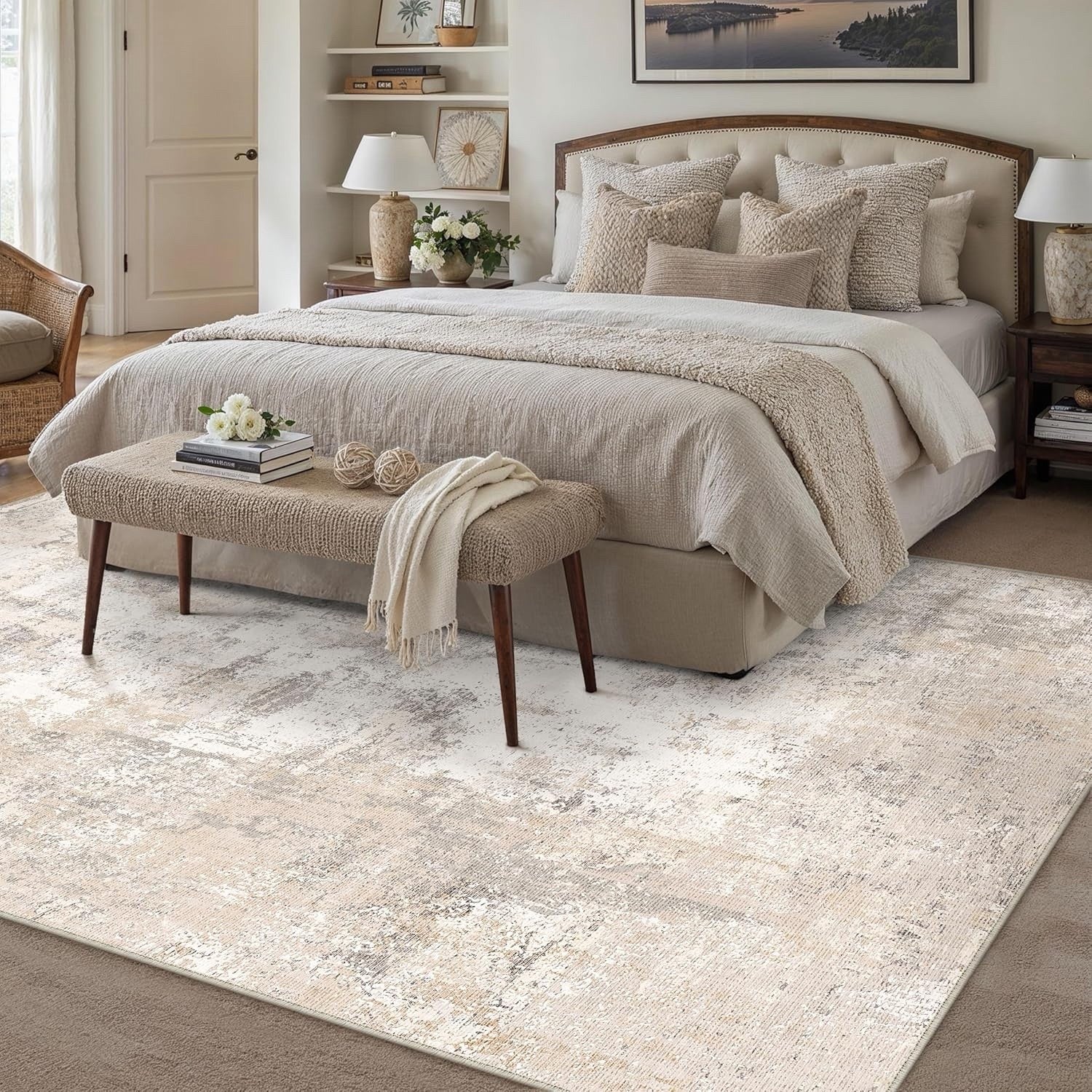 Large Washable Area Rug 200x300cm Non Slip Beige Grey Abstract Living Room Mat