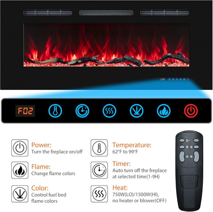 36in Electric Fireplace Insert Wall Mounted Recessed Heater Remote Timer LED