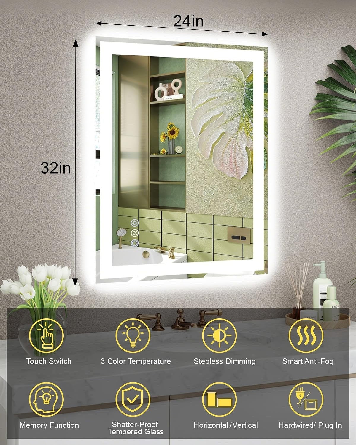 Bathroom Mirror LED 24x32in Front Backlit Anti-Fog Dimmable 3 Color Temperature