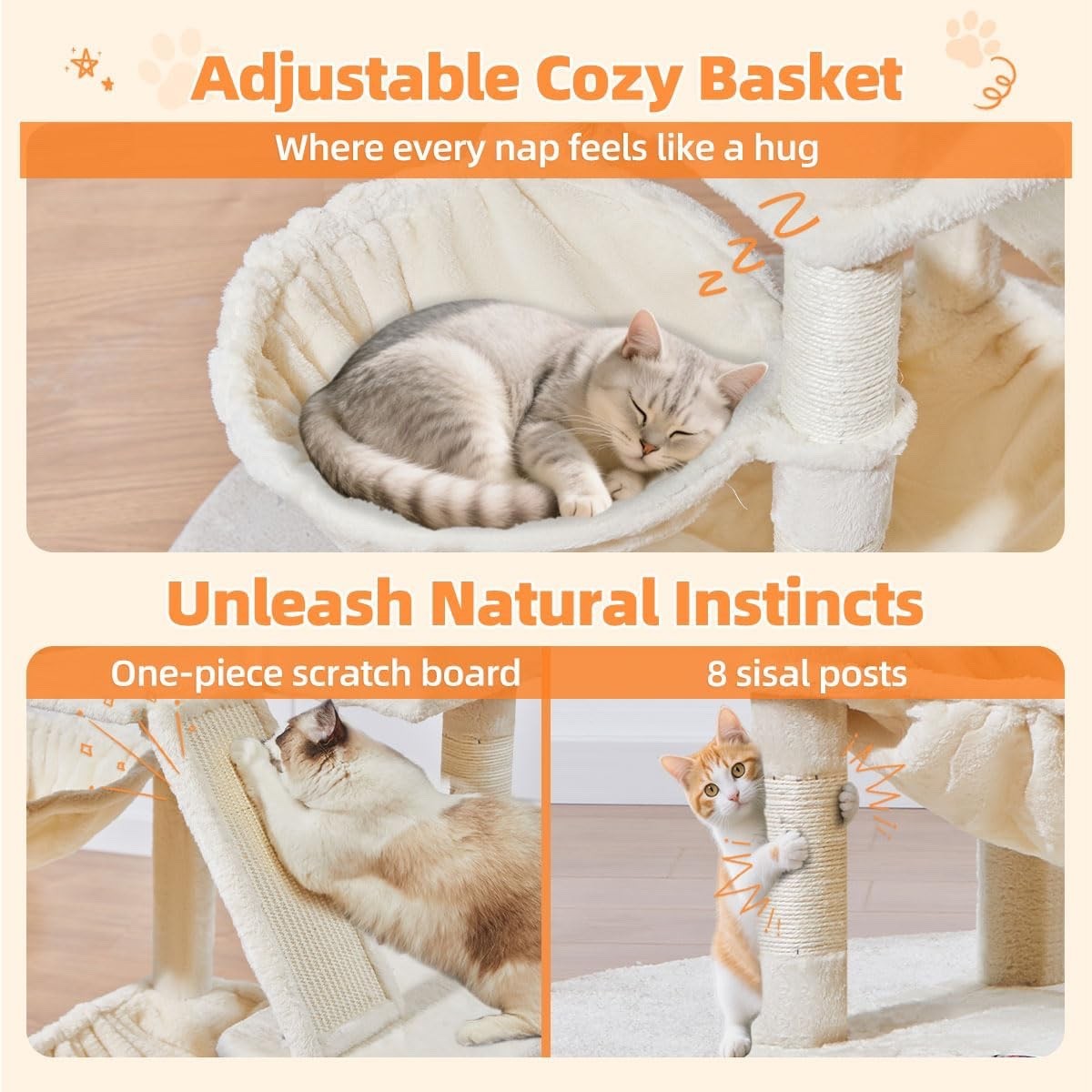 Cat Tree Scratching Tower 146cm Large Indoor Condo Hammock 8 Sisal Posts Beige