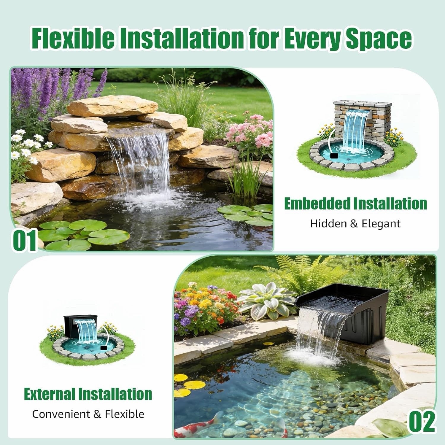 Pond Waterfall Filter Kit 980GPH Pump 13ft Hose 3000 Gallon Outdoor Garden Pond