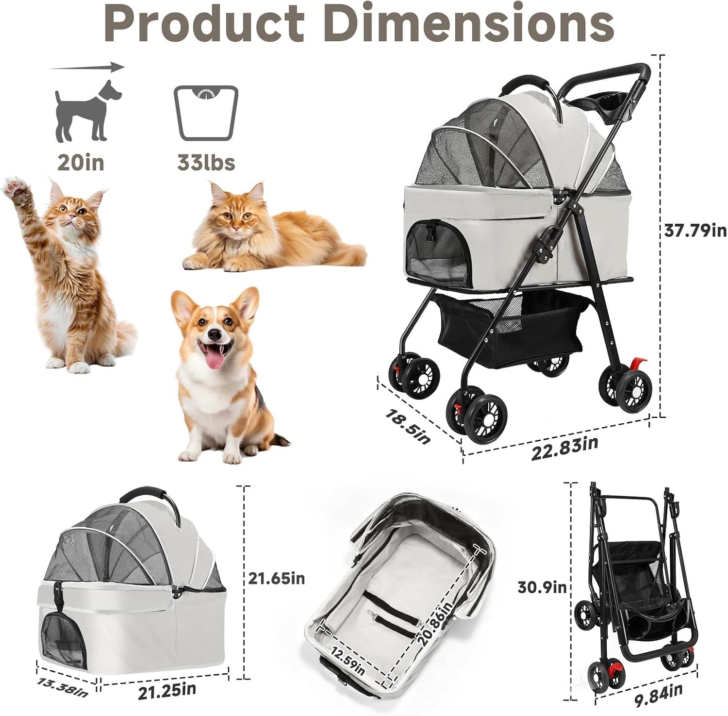 Pet Stroller Dog Pram 3-in-1 Cat Carrier Foldable 15kg Grey 4 Wheel Travel Bag