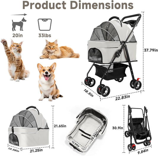 Pet Stroller Dog Pram 3-in-1 Cat Carrier Foldable 15kg Grey 4 Wheel Travel Bag