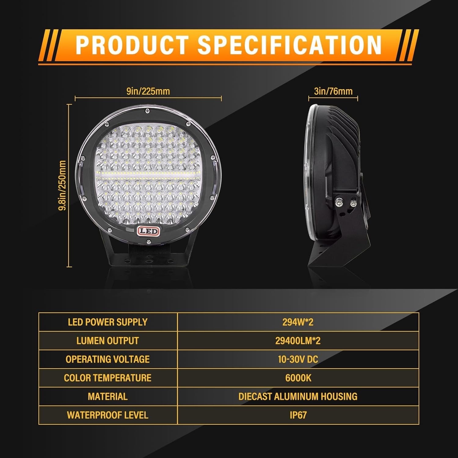 LED Work Lights Pair 9 Inch 294W Spot Beam 12V 24V Off Road Truck Tractor SUV