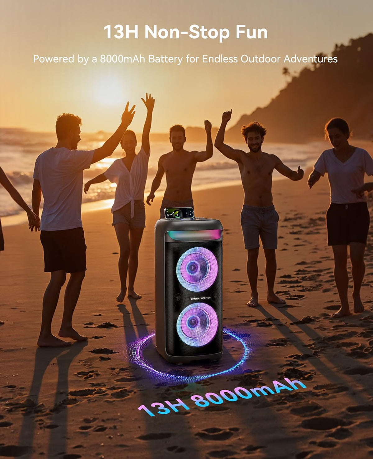 Karaoke Machine Bluetooth Speaker 500W 2 Wireless Mics LED Lights 8000mAh Black