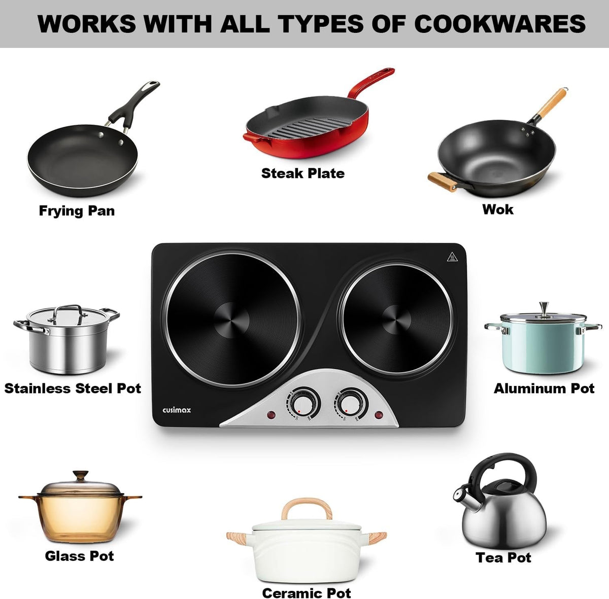 Electric Hot Plate Double Burner 2500W Portable Cast Iron Dual Temperature Black