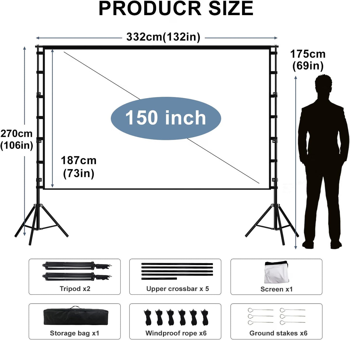 Projector Screen Stand Portable 150in 4K HD Anti-Crease Front Rear Garden Cinema