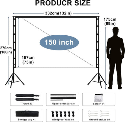 Projector Screen Stand Portable 150in 4K HD Anti-Crease Front Rear Garden Cinema