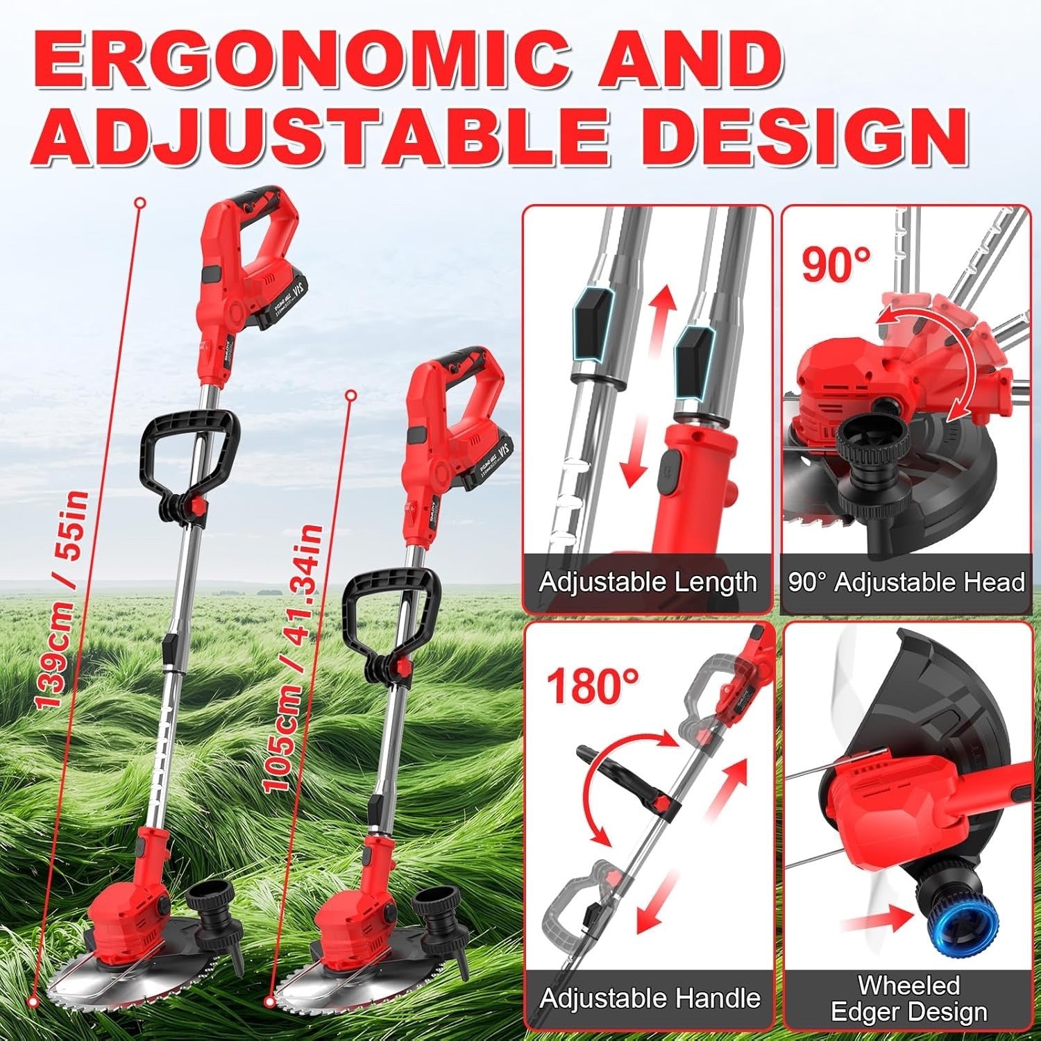 Cordless Strimmer Grass Trimmer 21V 2 Batteries 14 Blades LCD Telescopic Garden