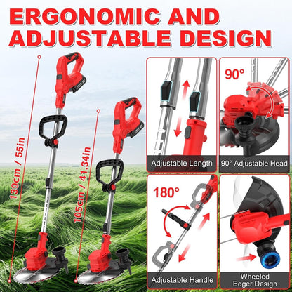 Cordless Strimmer Grass Trimmer 21V 2 Batteries 14 Blades LCD Telescopic Garden