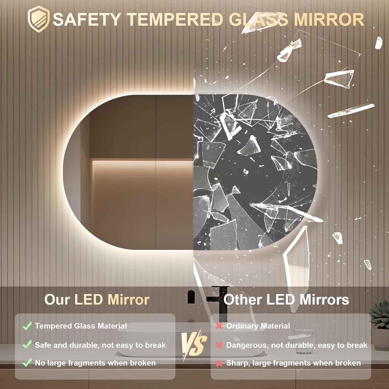 LED Bathroom Mirror Oval 500x800mm Anti Fog Dimmable 3 Color Backlit Vanity