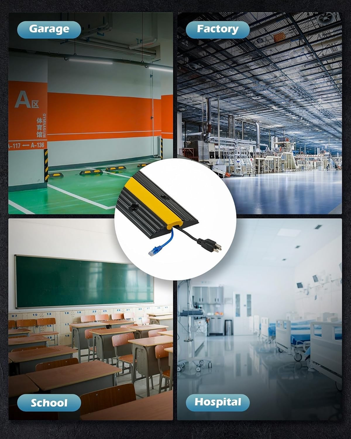 CREWORKS Floor Cable Protector 4-Pack Rubber 1-Channel Ramp 6600lbs 99×15×3cm