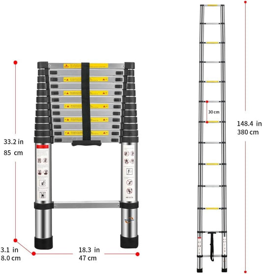 Telescopic Ladder 3.8M 12.5FT Portable Aluminium Extension 13 150kg EN131 Safe