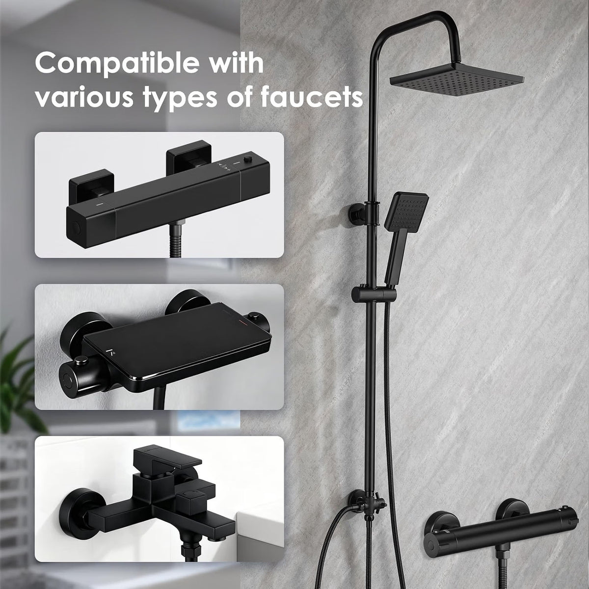 Shower Riser Rail Kit 8in Black Adjustable 79-128cm Rainfall Anti-Leak Hose Set