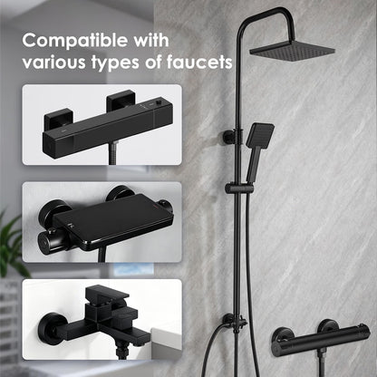 Shower Riser Rail Kit 8in Black Adjustable 79-128cm Rainfall Anti-Leak Hose Set