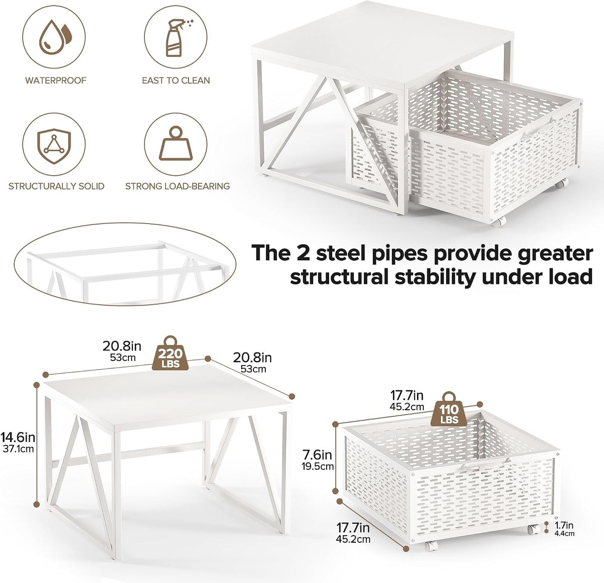 Mini Fridge Stand Storage Cart 220LB Mobile Wheels Drawer Basket White 53x53cm