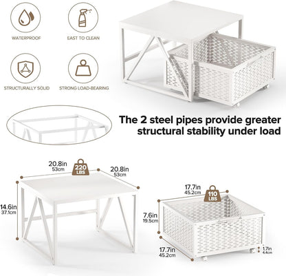 Mini Fridge Stand Storage Cart 220LB Mobile Wheels Drawer Basket White 53x53cm