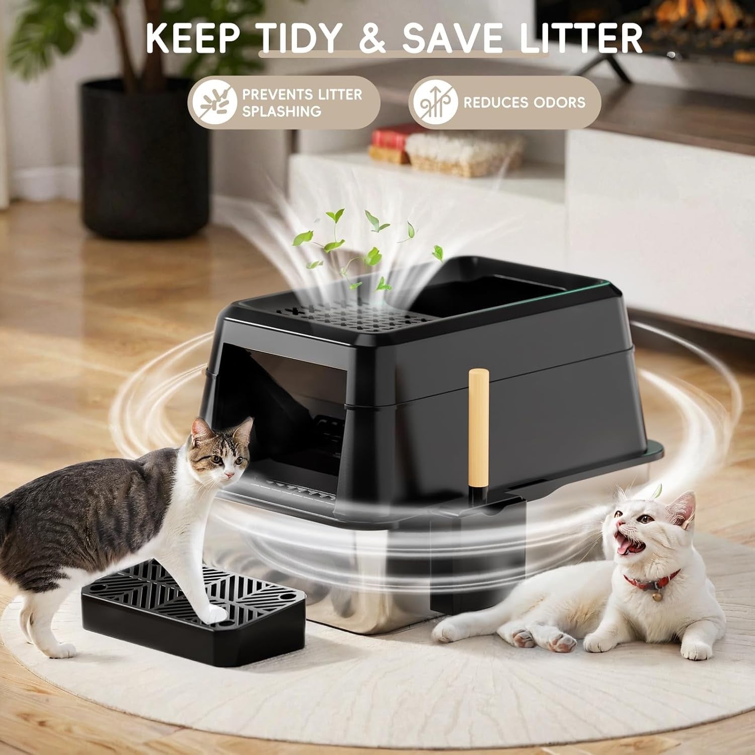 Cat Litter Tray Box XXL Stainless Steel 26L High Wall Leakproof Lid Scoop Black