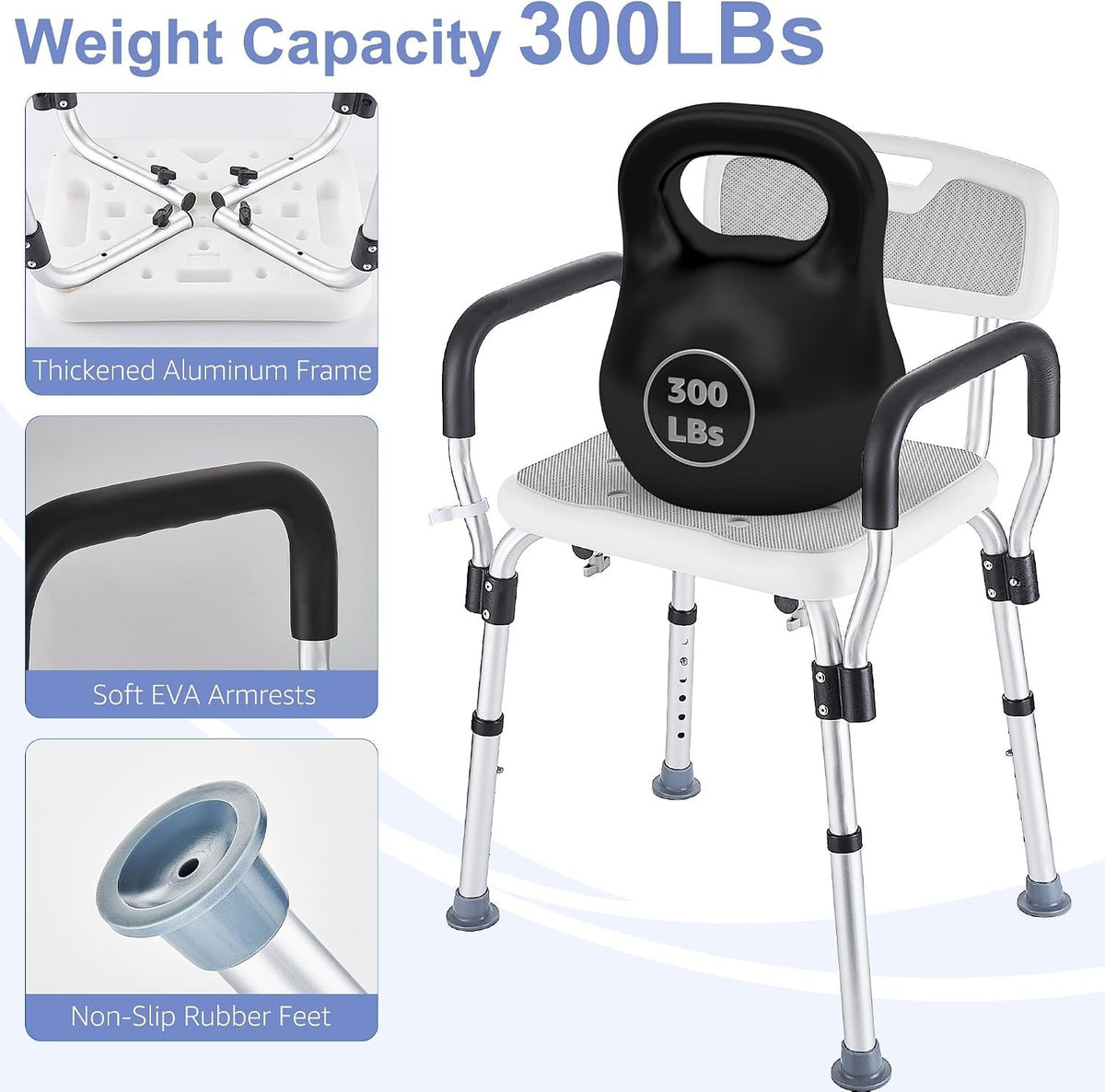 Shower Chair Bath Seat Stool Adjustable Height Non Slip Arms Backrest 150kg Grey