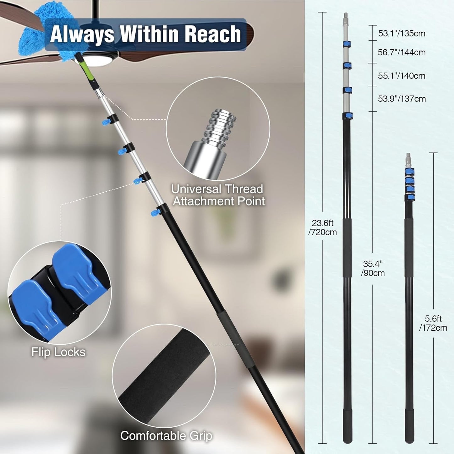 24ft Aluminum Telescopic Extension Pole Window Paint Gutter Duster Tool