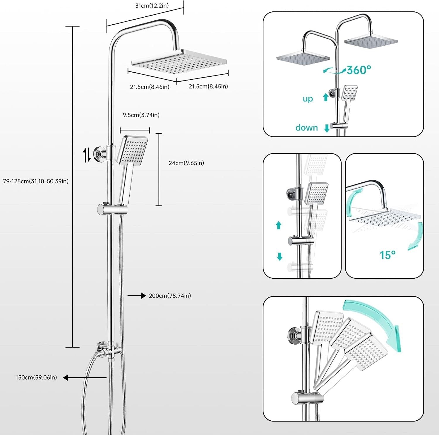 Shower Riser Rail Kit 8in Rainfall Head Handheld Chrome Adjustable Bathroom Set