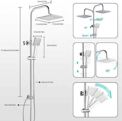 Shower Riser Rail Kit 8in Rainfall Head Handheld Chrome Adjustable Bathroom Set