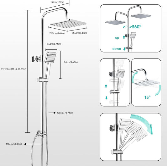 Shower Riser Rail Kit 8in Rainfall Head Handheld Chrome Adjustable Bathroom Set