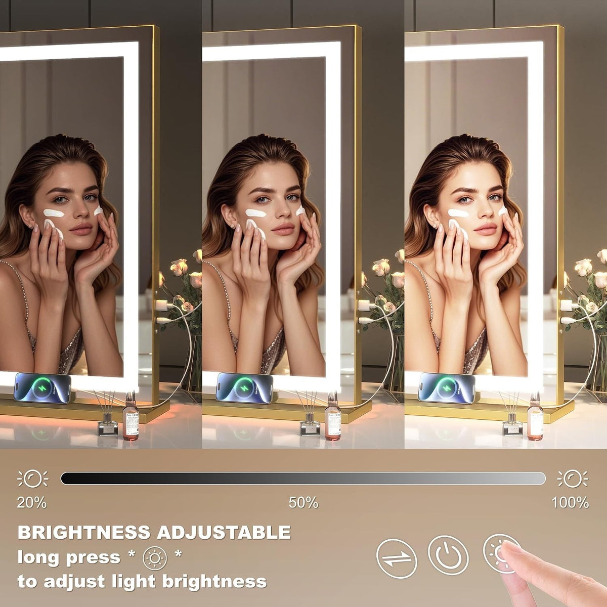 Vanity Makeup Mirror 23x18in LED 3 Light Modes Touch Control Gold Hasipu