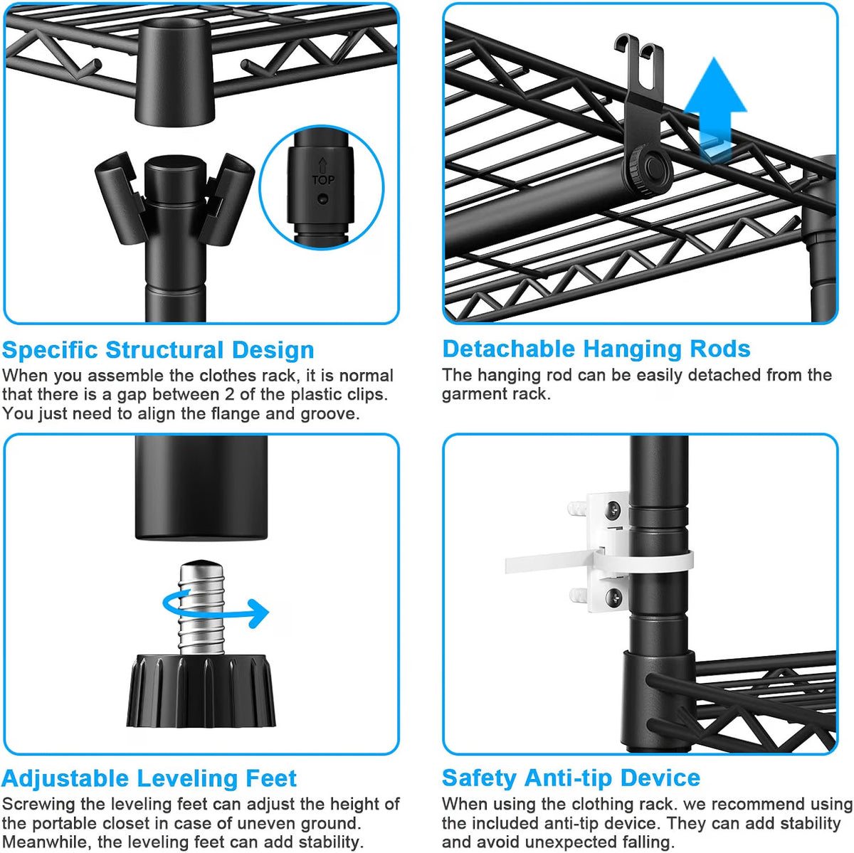 Heavy Duty Clothes Rack Extendable 6 Shelves 4 Rails 362kg Black Carbon Steel