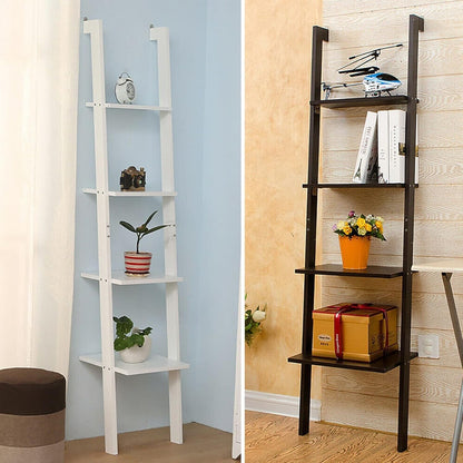 Ladder Shelf Bookcase Rack 4 Tier Tall Leaning Open Storage Black 160cm