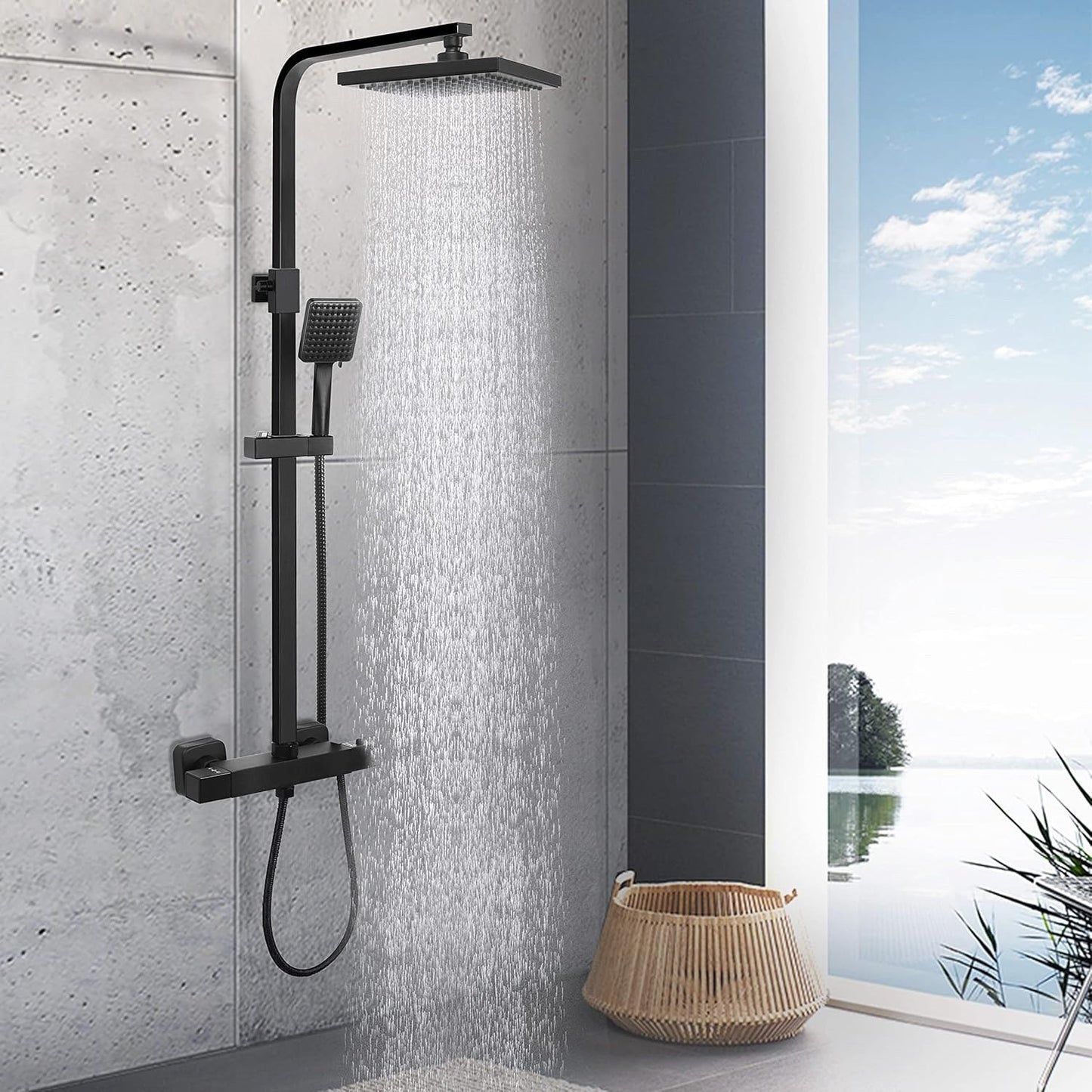Thermostatic Shower Mixer Set Rainfall Head Rail Kit Anti Scald Black Square