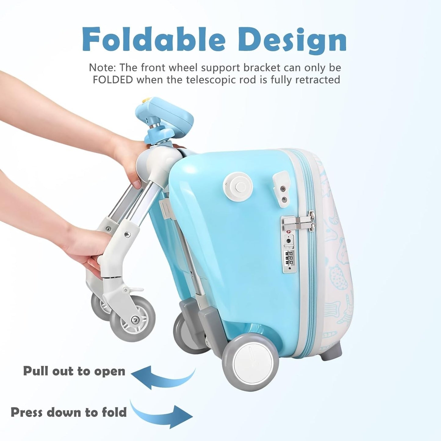 Kids Ride On Suitcase 20in Carry On Luggage Seat Stroller Wheels Guard Rail