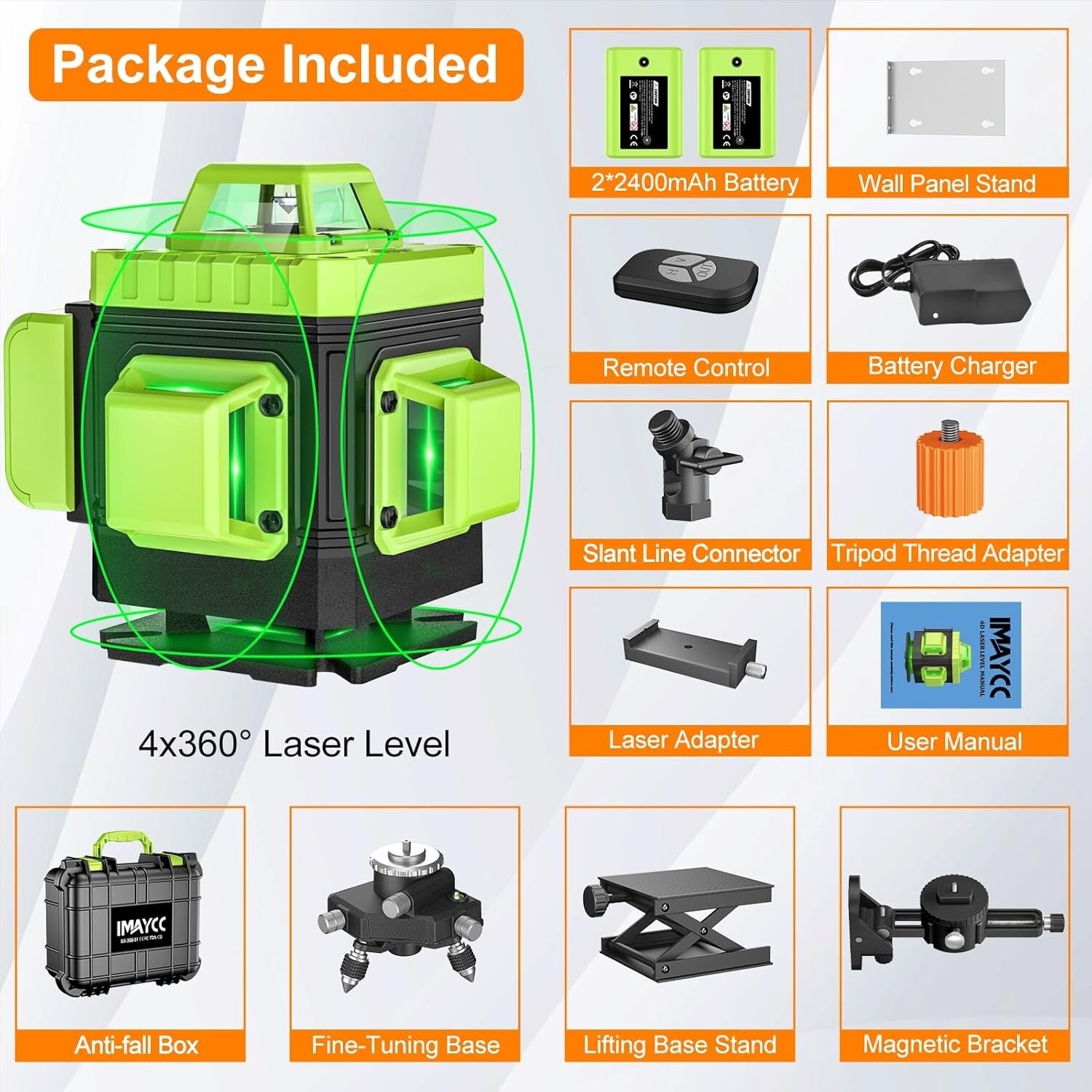 IMAYCC 3D Green Laser Level Self Level 16 Lines Cross Line Tool Indoor Outdoor