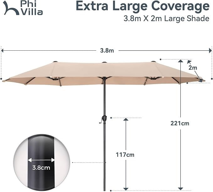 Large Garden Parasol 3.8m Double Patio Umbrella Beige Crank Outdoor Sun Shade