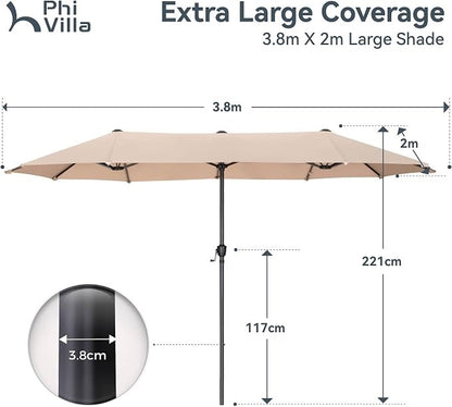 Large Garden Parasol 3.8m Double Patio Umbrella Beige Crank Outdoor Sun Shade