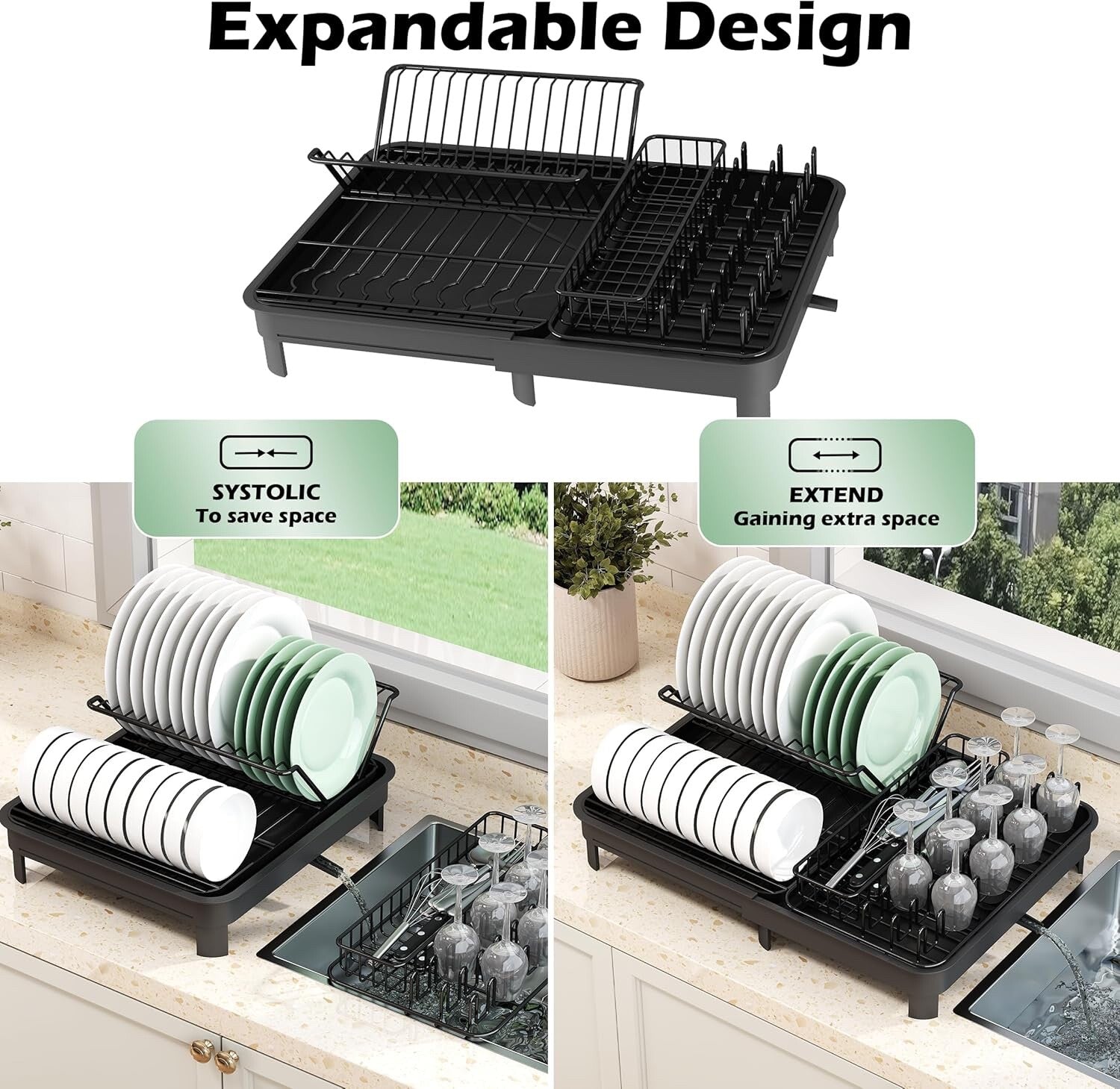 Large Dish Drying Rack with Drainboard Extendable Kitchen Countertop Organiser