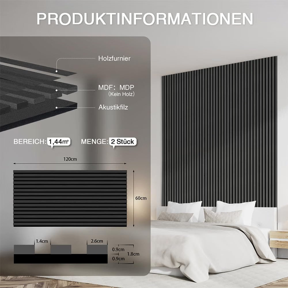 Acoustic Wood Wall Panels 120x60cm 2 Pack 1.44m² Black Slat Sound Absorbing