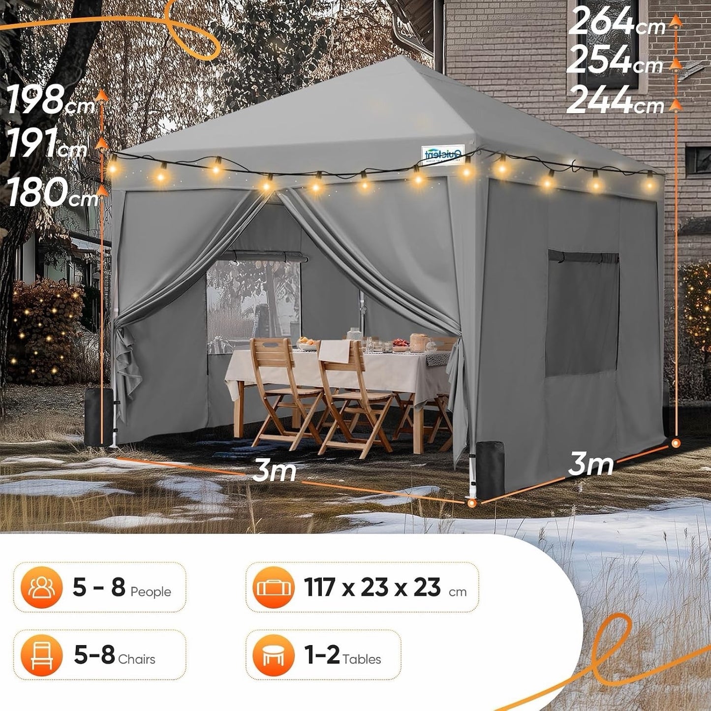 3x3m Pop Up Gazebo Tent Waterproof Mesh Sides Adjustable Height Grey Garden