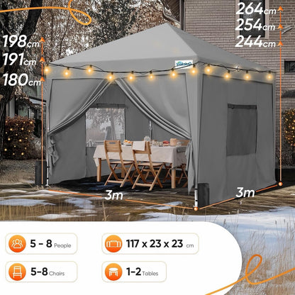 3x3m Pop Up Gazebo Tent Waterproof Mesh Sides Adjustable Height Grey Garden