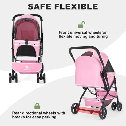 Pet Stroller Foldable Dog Cat Pushchair 360 Wheels Brake Storage Travel Pink
