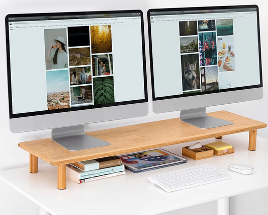 Bamboo Dual Monitor Stand Riser Extra Long Office Shelf Keyboard Storage Desk