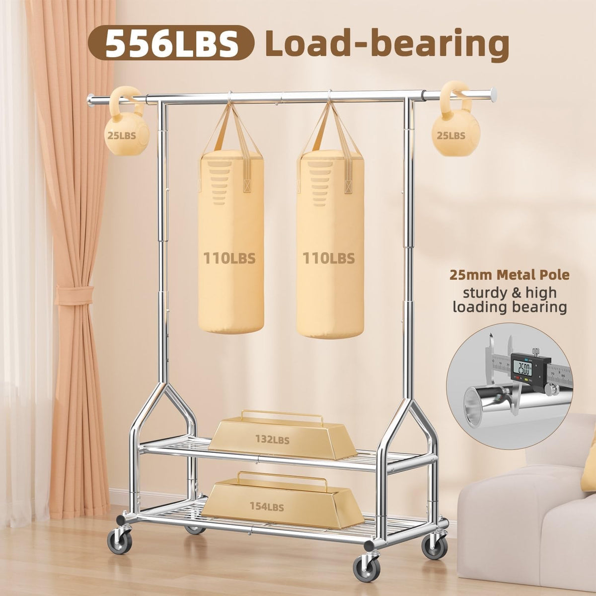 Clothes Rail Garment Rack Heavy Duty Metal Silver with Wheels 3 Storage Shelves
