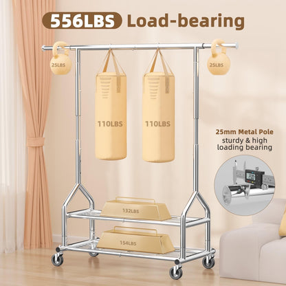 Clothes Rail Garment Rack Heavy Duty Metal Silver with Wheels 3 Storage Shelves