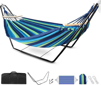 Double Cotton Hammock Stand Adjustable Steel Frame Blue 2 Person Carry Bag Set