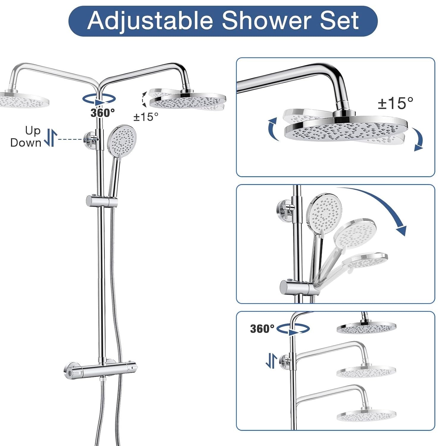 Chrome Thermostatic Shower Mixer Set Rainfall Handheld Adjustable Rail 80-117cm