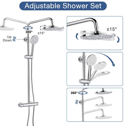 Chrome Thermostatic Shower Mixer Set Rainfall Handheld Adjustable Rail 80-117cm